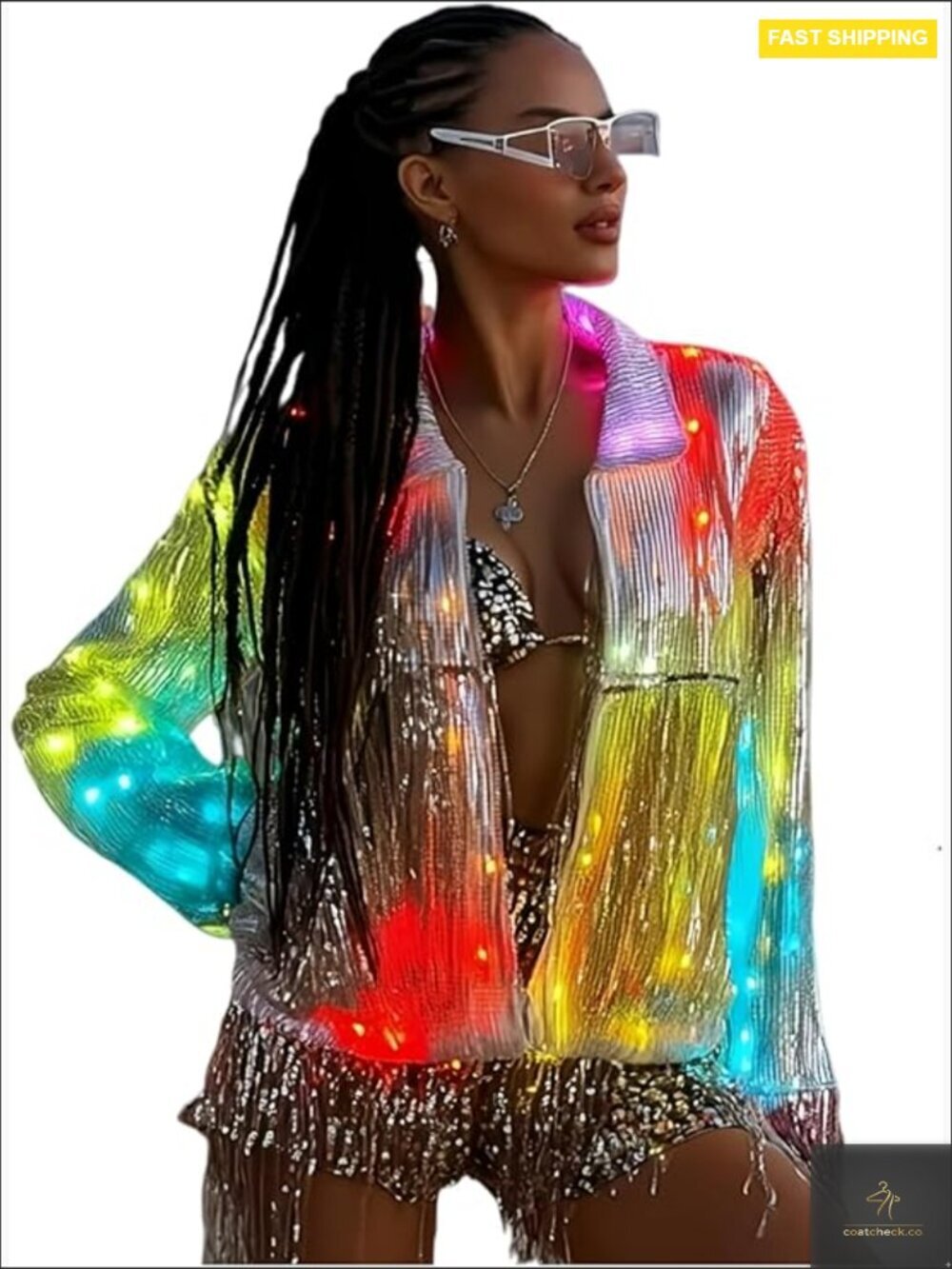 Sequin Fringe Coat LED Light Up Disco Cowgirl Party Jacket Bluetooth Sync